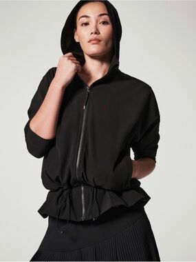 SPANX Black Hooded Zip-Front Bomber Jacket it’s a cinch rain coat jacket